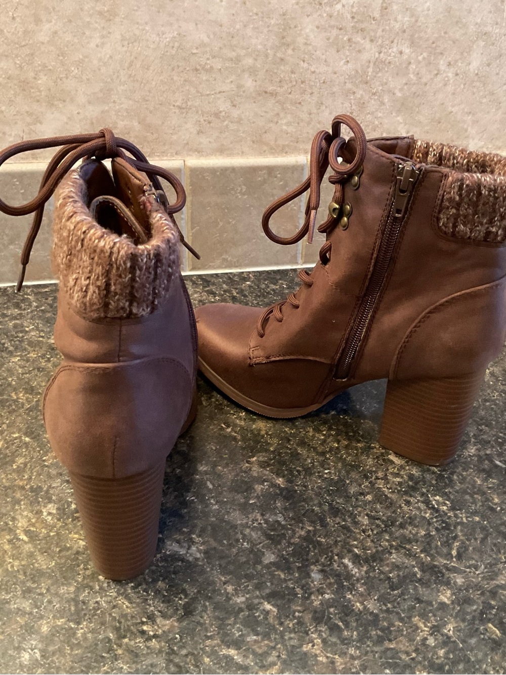 Women's Brown Lace-Up Ankle Boots with Faux Fur Trim - Picture 4 of 7
